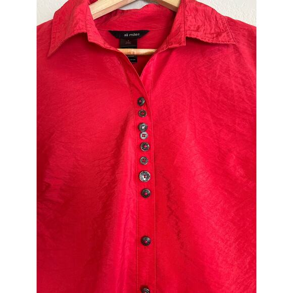 Ali Miles Women's Red Casual Crinkle 3/4 Sleeve Collared Button Front Blouse S - Picture 4 of 11